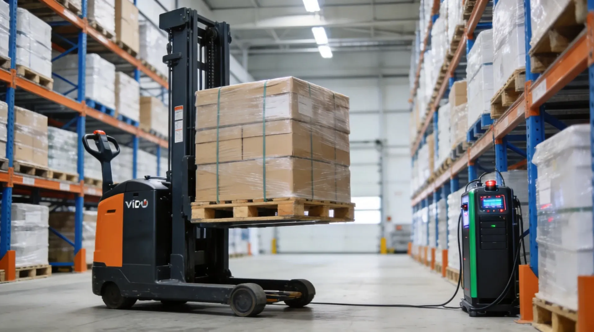 electric pallet stacker with smart bms in warehouse